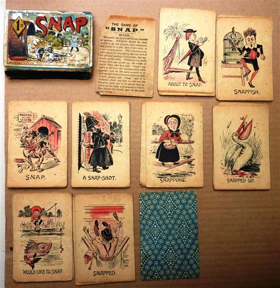 A c.1890s card game of SNAP by Woolley & Co Ltd, London. 8 sets of 4 cards (3 missing) with Rules card. In original box with price 1d s